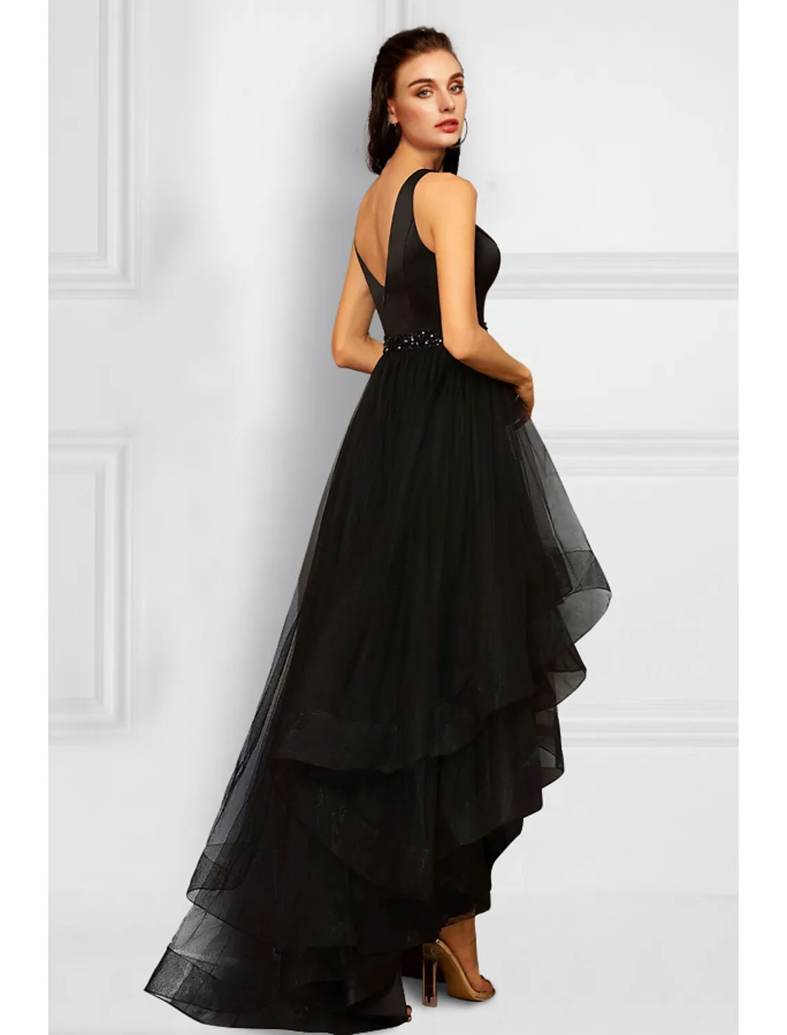 Aimishang  A-Line Cocktail Dresses Elegant Dress Party Wear Asymmetrical Sleeveless V Neck Organza with Rhinestone Ruffles