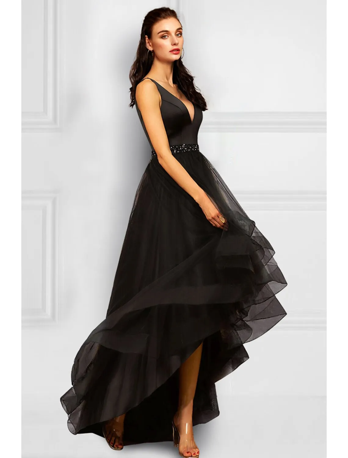 Aimishang  A-Line Cocktail Dresses Elegant Dress Party Wear Asymmetrical Sleeveless V Neck Organza with Rhinestone Ruffles