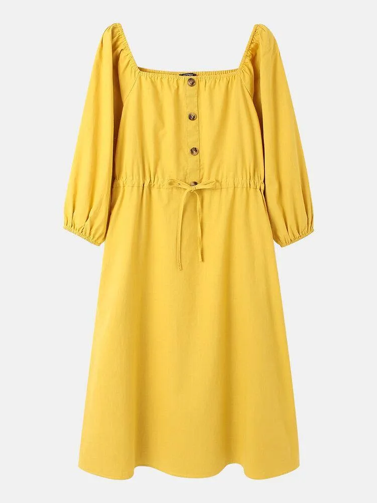 deanwangkt Women Cotton Square Collar Drawstring Waist Elegant Midi Dress with Side Pockets