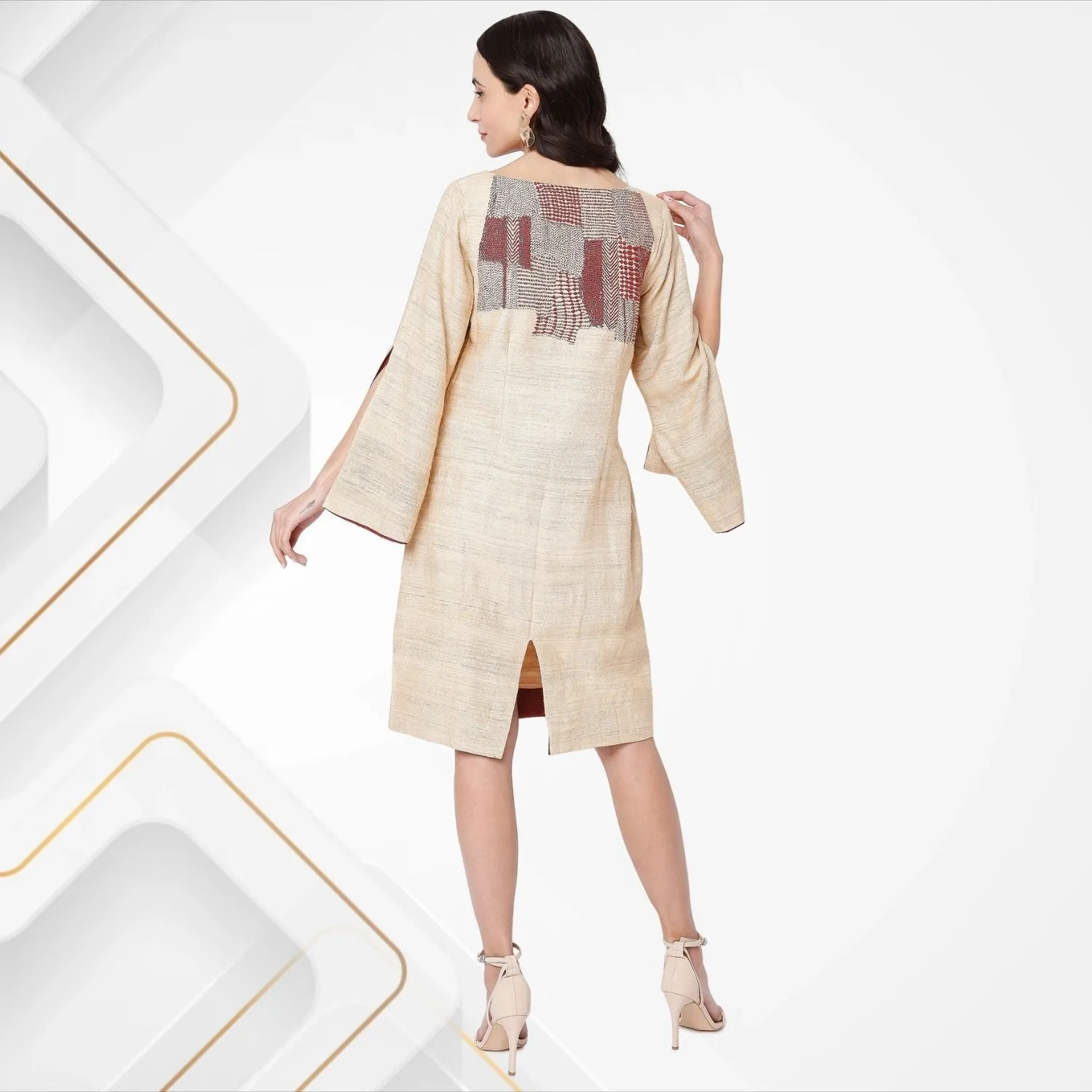 Leandra Tussar Silk Shift Dress | Sujani Hand-Embroidered | Sophisticated | Beige