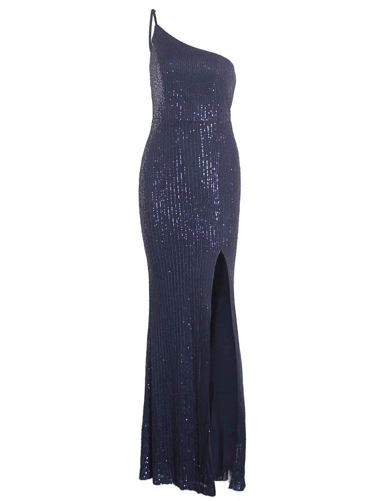 Slim Navy Blue One Shoulder Sequin Long Cocktail Luxury Stretch Slit Open Leg Wedding Party Prom Formal Evening Dress