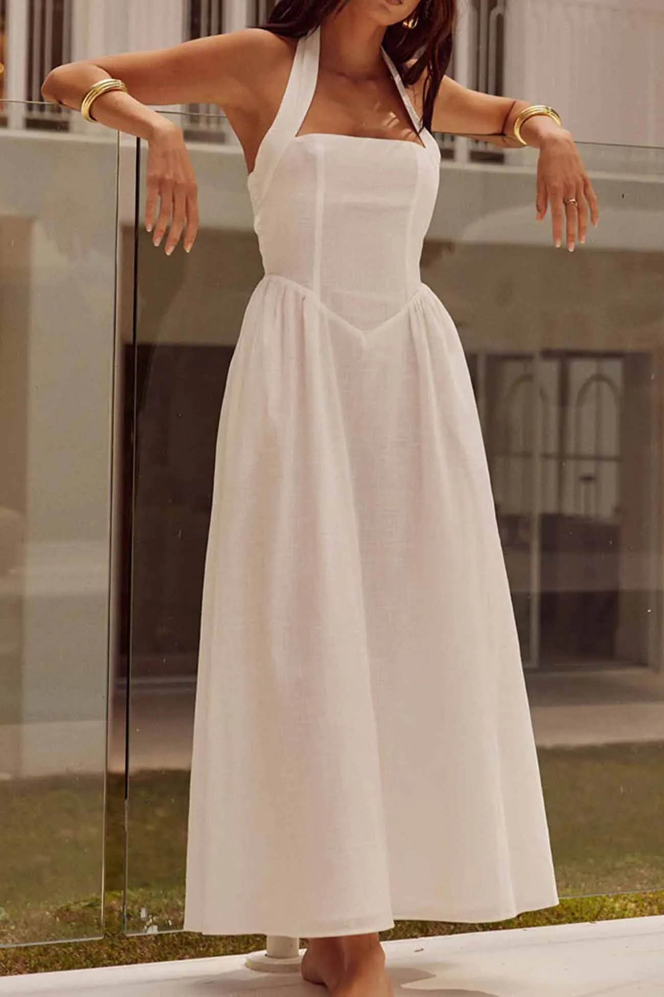 Solid Color Halterneck Backless A-Line Dress