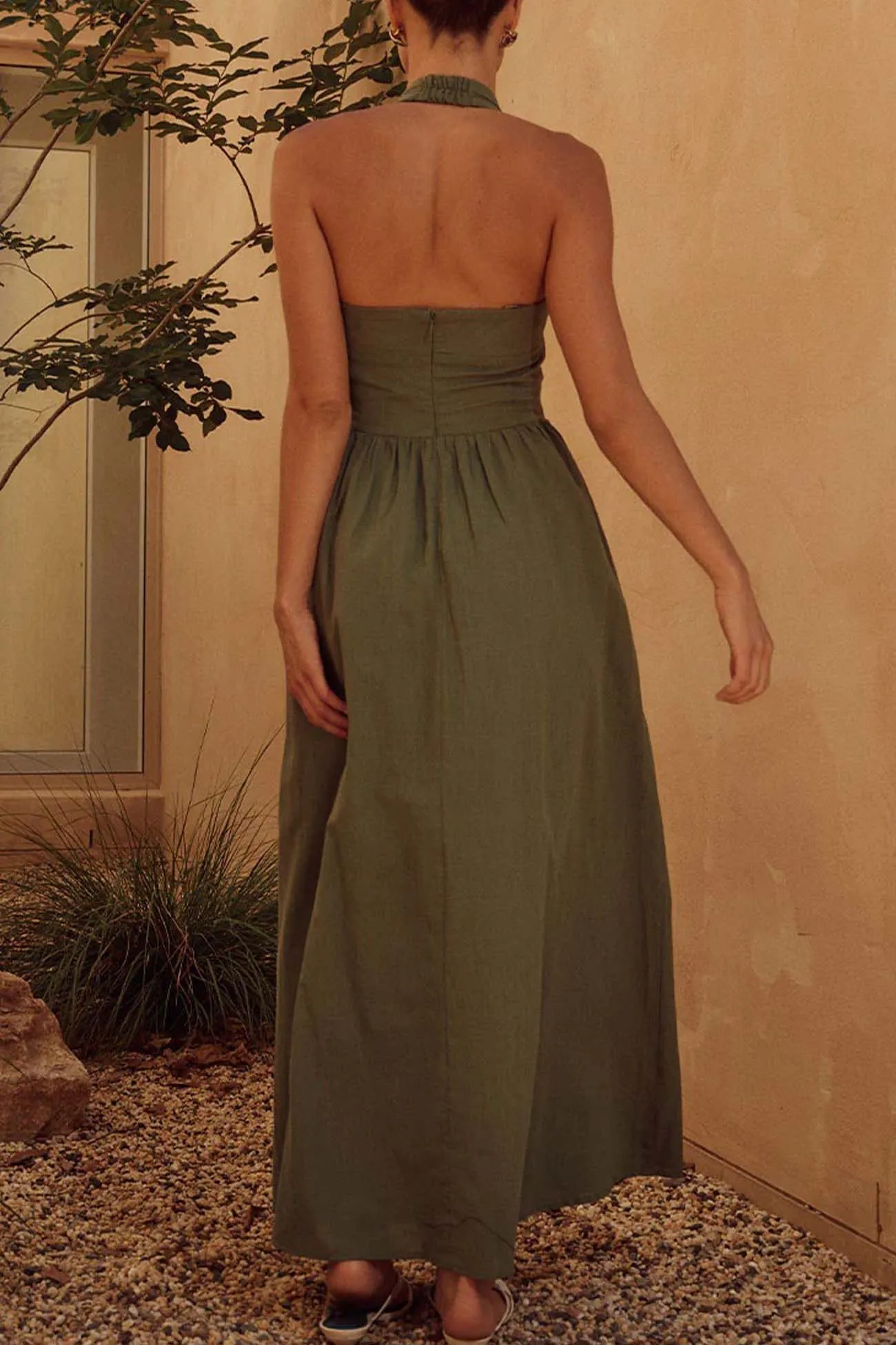 Solid Color Halterneck Backless A-Line Dress