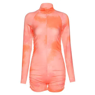 Tracksuits For Women Tie Die Long Sleeve One Piece Jumpsuit  V-neck High Waist Tight  Fitness Romper