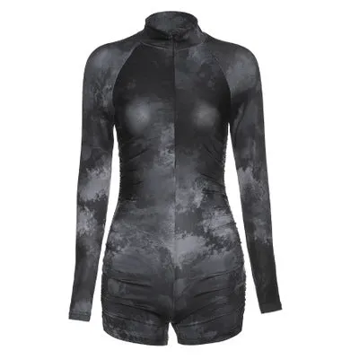 Tracksuits For Women Tie Die Long Sleeve One Piece Jumpsuit  V-neck High Waist Tight  Fitness Romper