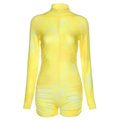 Tracksuits For Women Tie Die Long Sleeve One Piece Jumpsuit  V-neck High Waist Tight  Fitness Romper