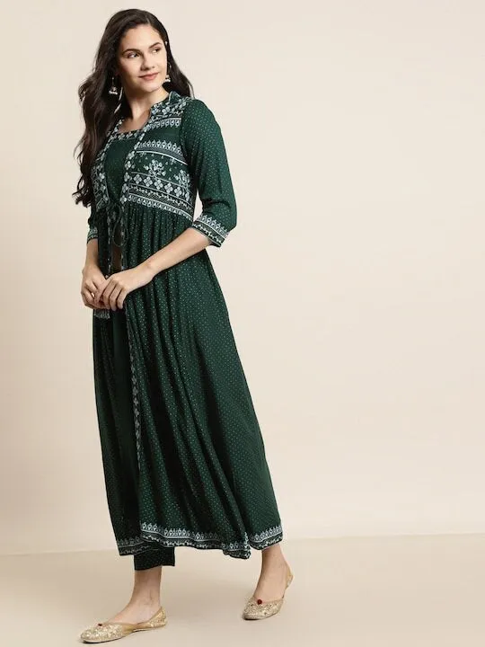 Women Ethnic Motifs Printed Layered Jacket Style Kurta with Trousers
