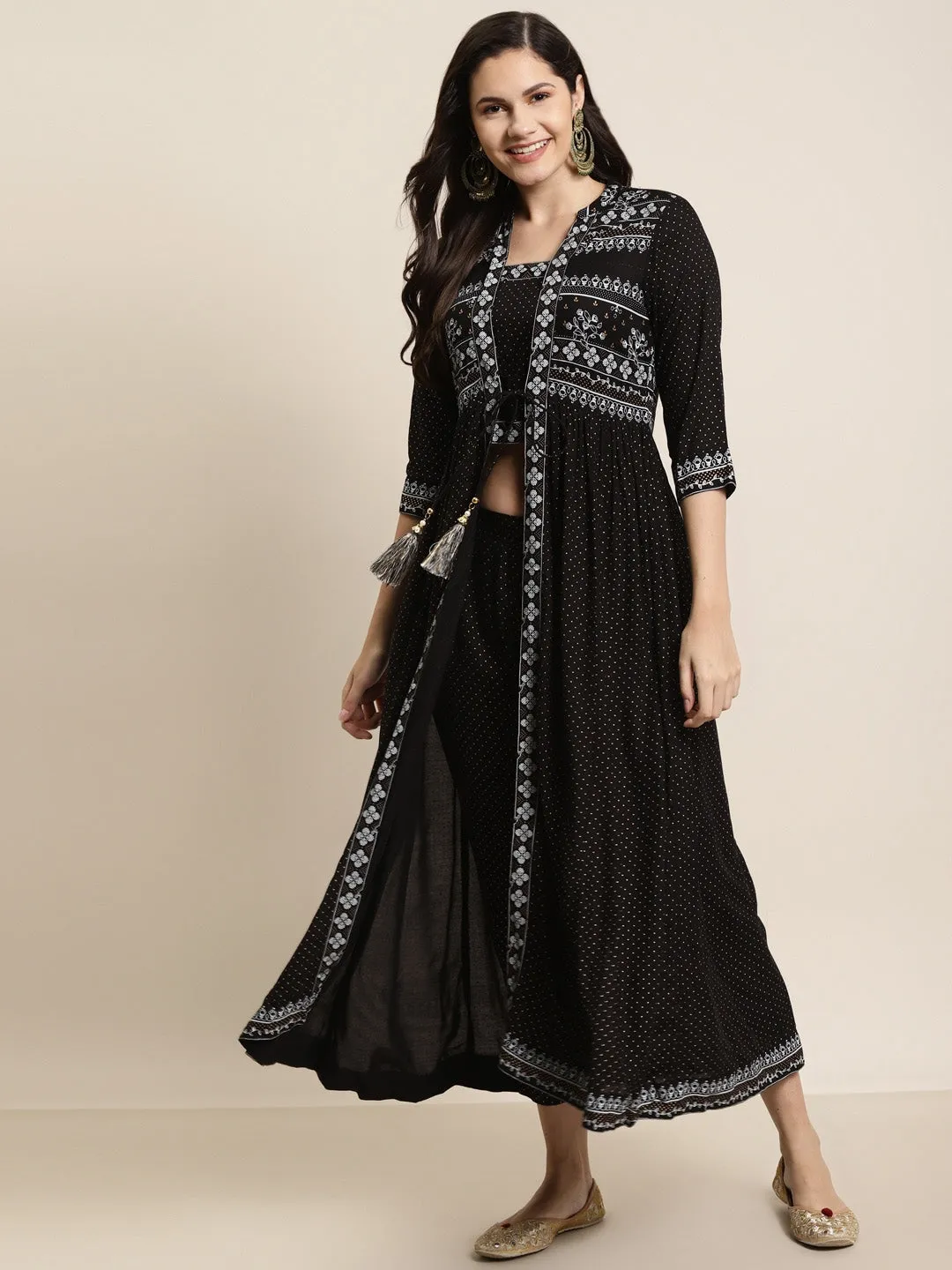Women Ethnic Motifs Printed Layered Jacket Style Kurta with Trousers